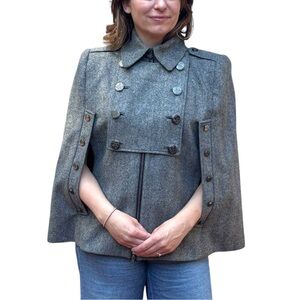 BIRD BY JUICY COUTURE Y2K ARGENT HERRINGBONE WOOL MILITARY BAND JACKET CAPE